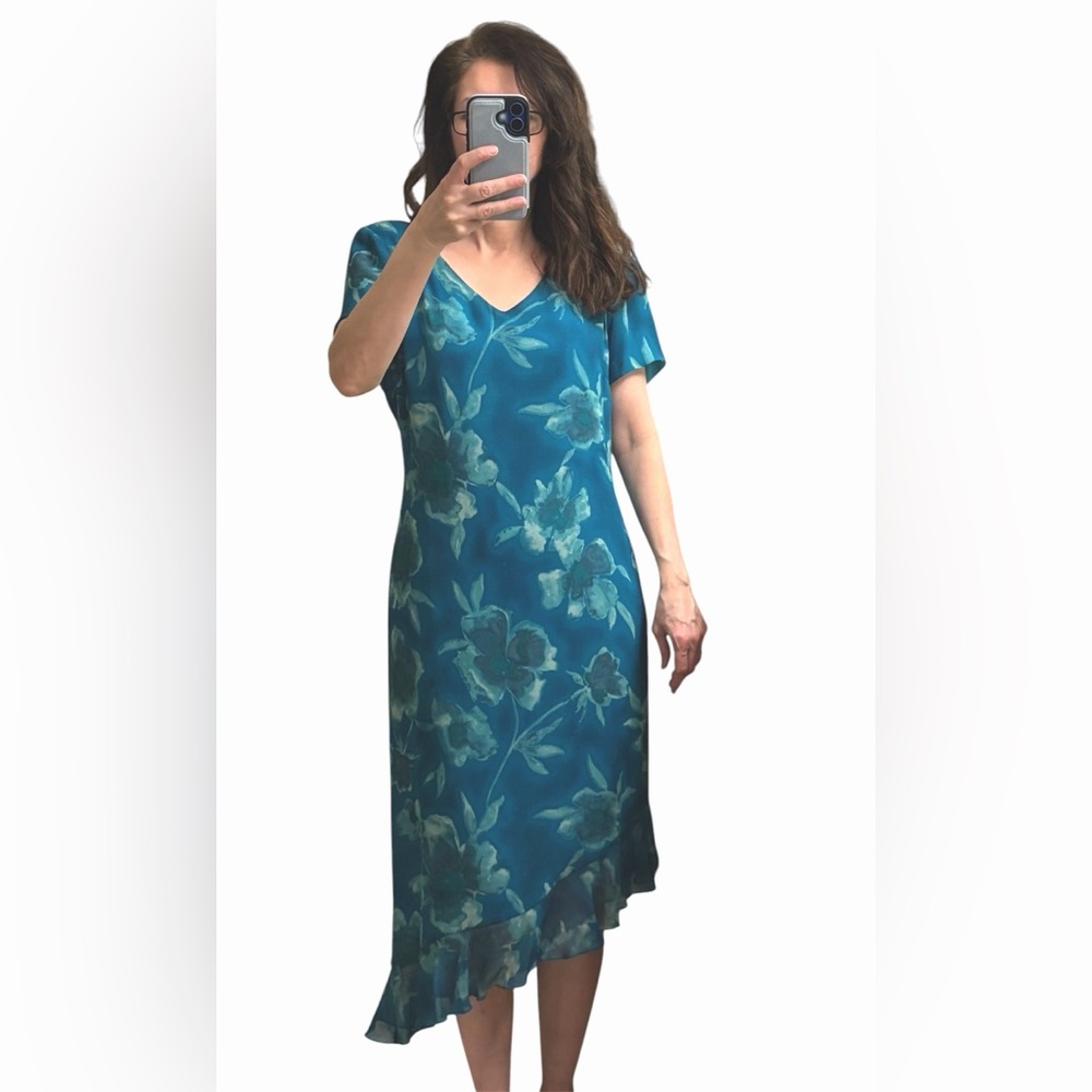 Norton McNaughton Teal Silk Floral Asymmetrical Maxi Dress Ruffles Botanical